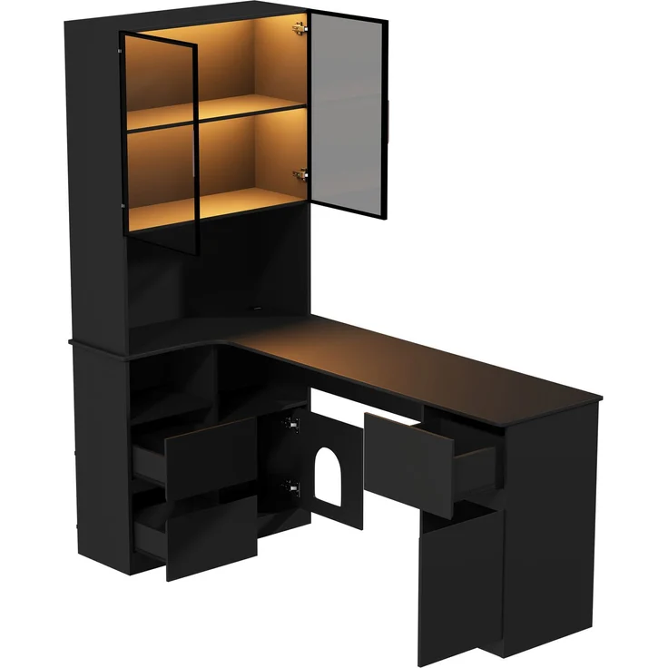 ZUBALIYA Eckschreibtisch mit Regal und LED-Vitrinenschrank 120×80×180 cm – Schreibtisch mit Kabeldurchlass, 3 Schubladen, 2 Türen, offenen Fächern,Ein Eckschreibtisch mit eingebautem Bücherregal,Schwarz – Bild 10