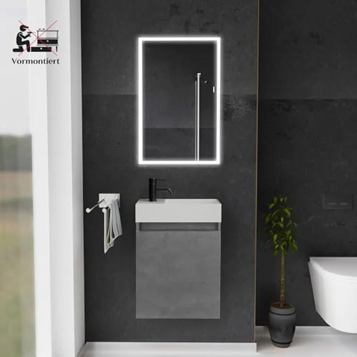 Alpenberger Badmöbel-Set Gäste WC Waschbecken mit Unterschrank - Badschrank Hängend, (Hängeschrank mit Softclose, Waschtisch mit Unterschrank Cement), Gäste WC Möbel - Kleiner Badezimmerschrank Vormontiert – Bild 3