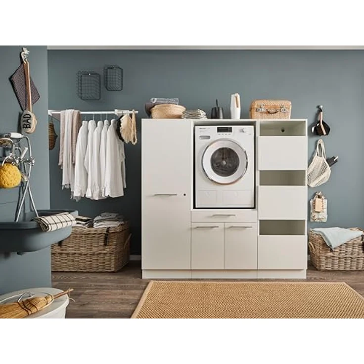 LAUNDREEZY Waschmaschinenschrank, Wäscheschrank und Mehrzweckschrank, Weiß - Waschmaschinen-Überbauschrank TÜV-zertifiziert mit viel Stauraum - 167,5 x 162 x 67,5 cm (B/H/T) – Bild 3