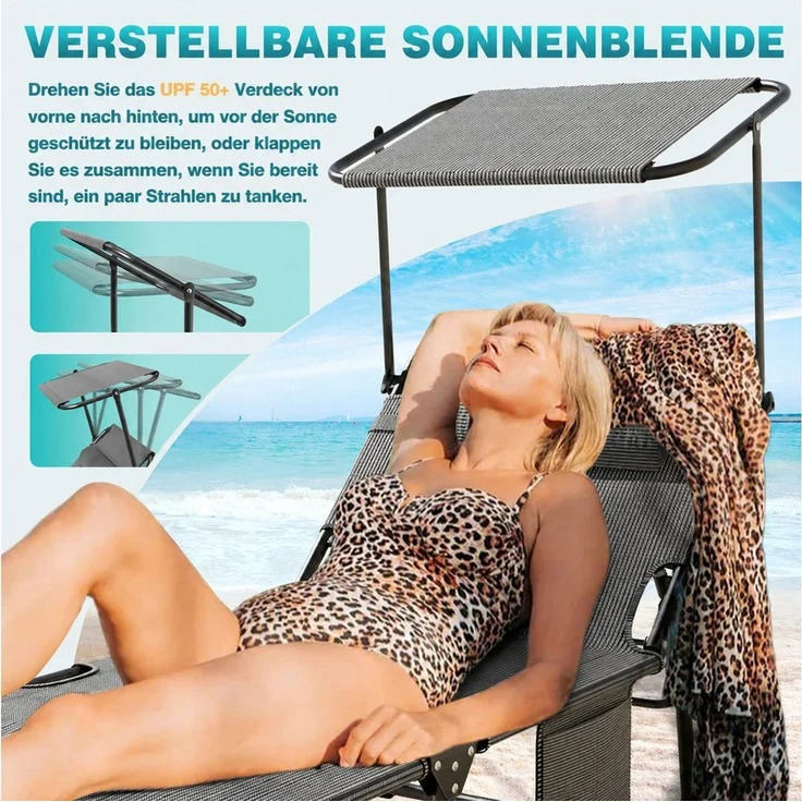 Ferghana Gartenliege Sonnenliege, Dein Sommerbegleiter, Klappbare Gartenliege mit Dach, Kopfstütze & Seitentasche & Trageschlaufen, 4 Positionen, extra breit B68 x L194 x H30 cm, Liegestuhl aus Metall – Bild 4