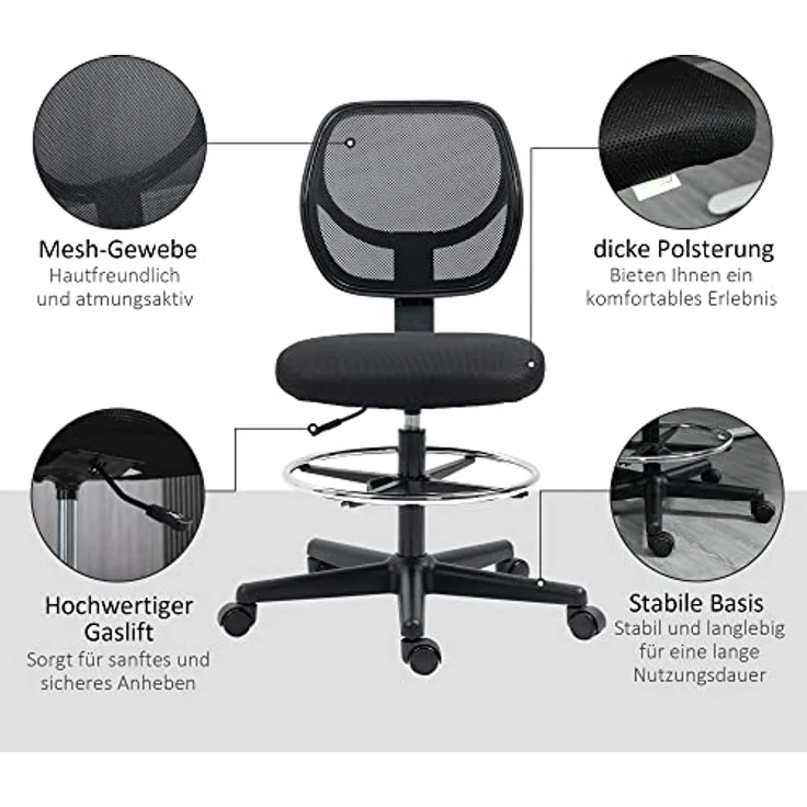 Vinsetto Bürostuhl, ergonomischer Drehstuhl aus schwarzem Textil, höhenverstellbar, mit atmungsaktivem Netzgewebe, 61x113x59 cm – Bild 8