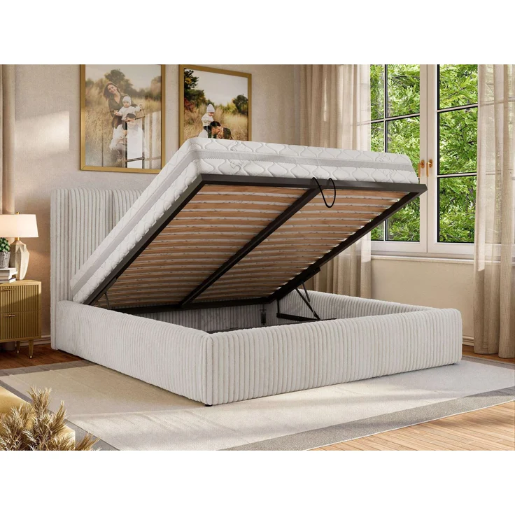 Polsterbett SAVINO CLASSIC mit Bettkasten und Lattenrost Doppelbett 180 x 200 cm mit hohem Kopfteil Stauraumbett Bett mit Gasdruckfeder - Beige Cord – Bild 4