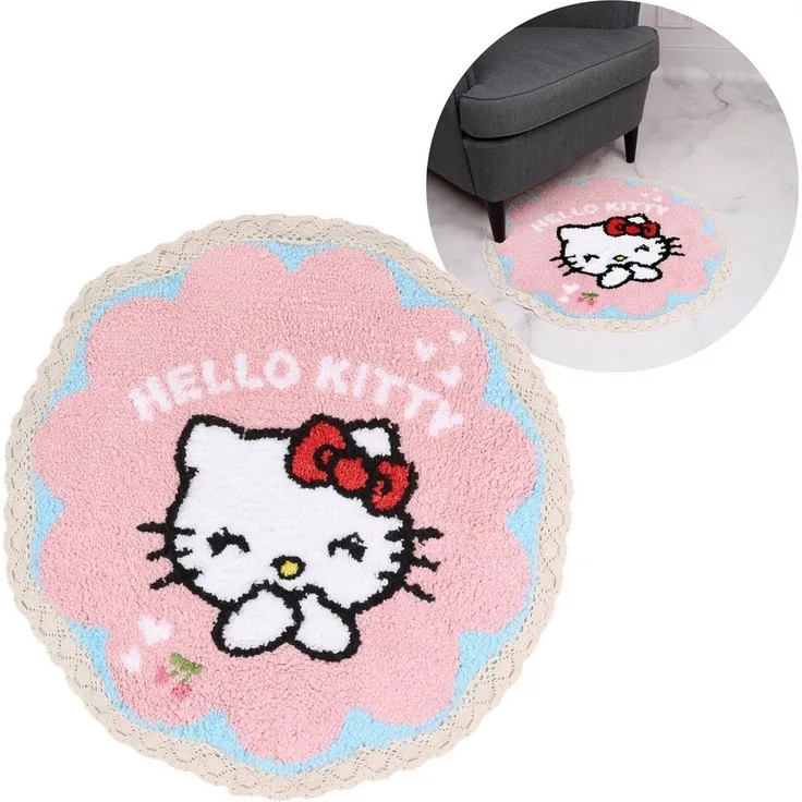 Sarcia. eu Läufer Hello Kitty Runder Teppich,rosa,rutschfest,mit Spitze 60x60cm