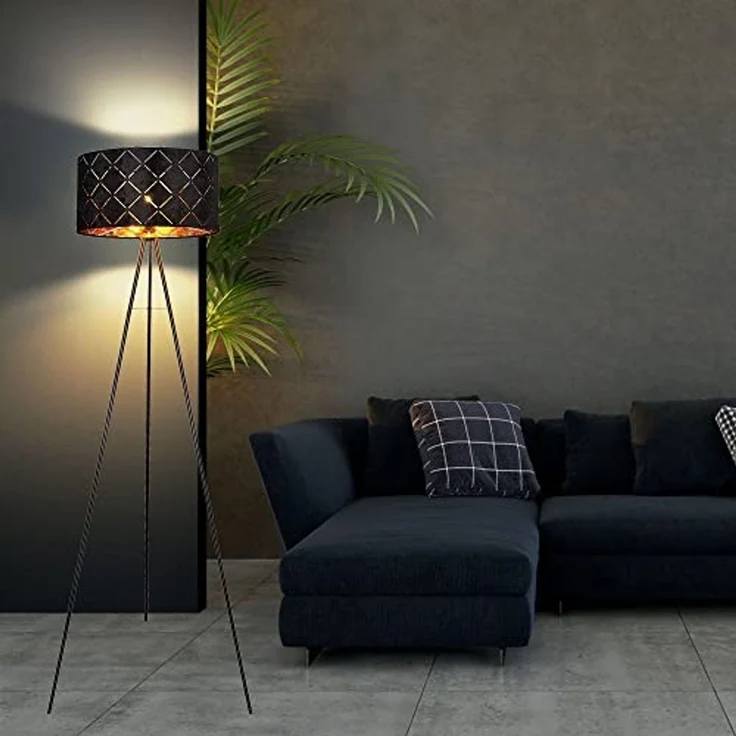 LED Stehleuchte, Textil, schwarz-gold, Stativ Gestell, H 149cm – Bild 5