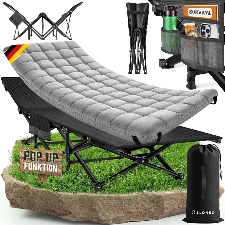 ELONEO Feldbett klappbar mit Premium Auflage, Campingliege bis 200kg belastbar, Grau – Bild 1