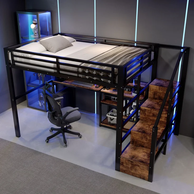Hochbett, 140 x 200 cm, Metallbettgestell, Leiterschrank, Ablagefach, USB + Typ-C, LED-Lichtleiste, Ohne Matratze, Schwarz – Bild 2