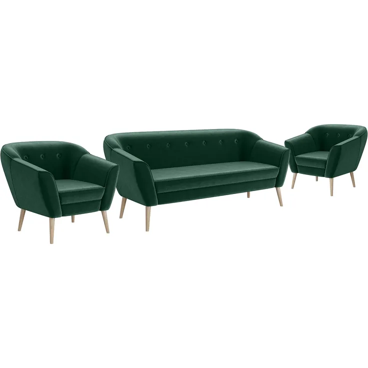 MEBLINI Mini Sofa Set 3-1-1 für Wohnzimmer - Mini Lounge für fünf Personen - Küchensofa - Sofa Klein - Sitzgarnitur - Polstergarnitur - Sofagarnituren - DORIS - 3+1+1 - Grün Samt