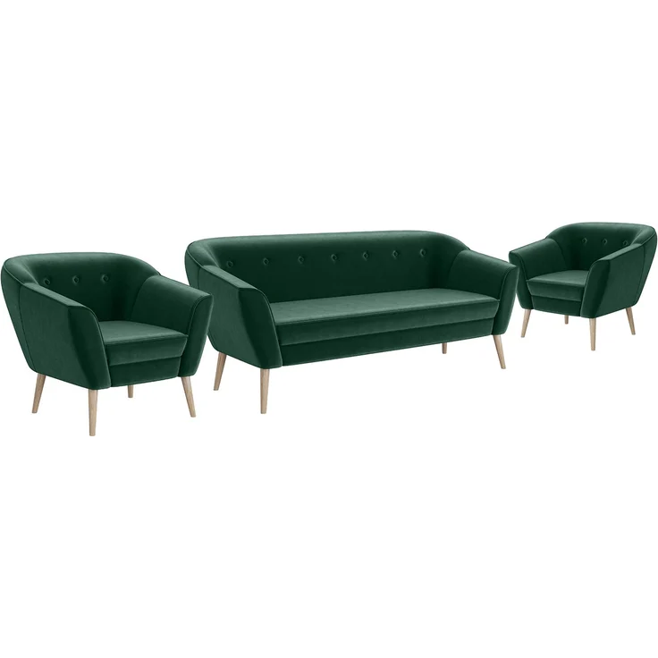 MEBLINI Mini Sofa Set 3-1-1 für Wohnzimmer - Mini Lounge für fünf Personen - Küchensofa - Sofa Klein - Sitzgarnitur - Polstergarnitur - Sofagarnituren - DORIS - 3+1+1 - Grün Samt – Bild 1