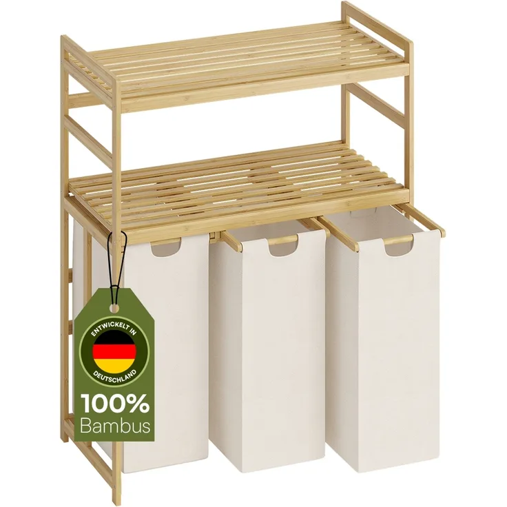 Bellamio 'Newa' Wäschesammler aus Bambus, beige, inkl. 3 Wäschesäcke je 50 Liter aus Oxford-Gewebe, ausziehbar, Wäschekorb mit 2 Ablagen