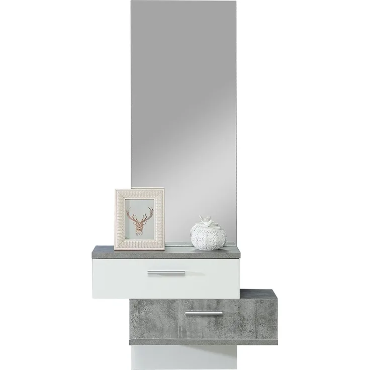 FORTE SKIVE Kompaktgarderobe mit Spiegel und 2 Schubladen, Holzwerkstoff, Betonoptik Kombiniert mit Weiß, 75,4 x 157 x 25,6 cm
