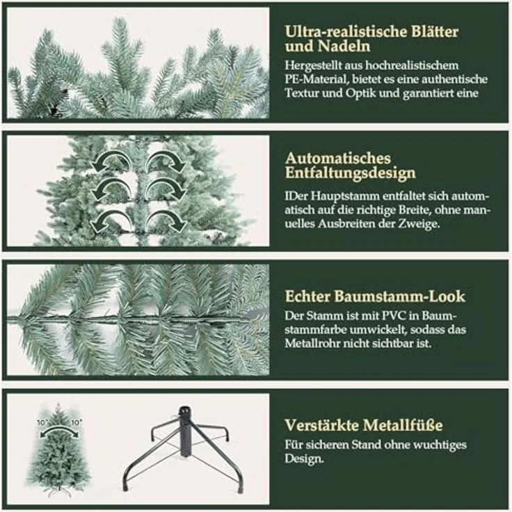 SALCAR 180 cm Künstlicher Weihnachtsbaum aus PE und unsichtbaren PVC-Spitzen, natürliche Blaugrau Tanne, Christbaum mit Schnellaufbau-Klappsystem und Metallständer – Bild 3