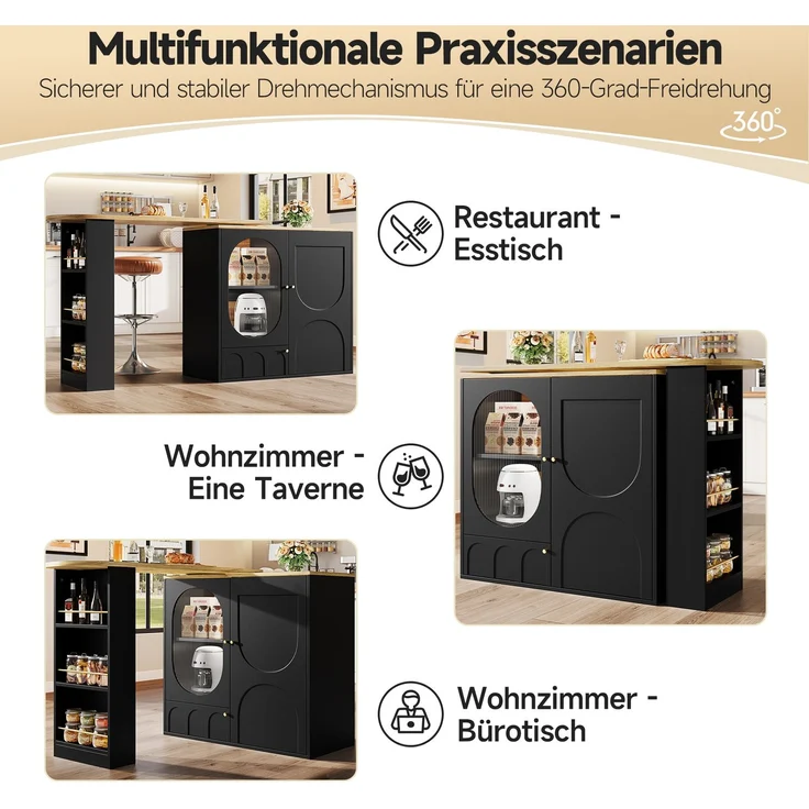 Kücheninsel Stehtisch 204x39x105cm MDF Metall Barwagen Aufbewahrung Drehtisch,Schwarz & Natur – Bild 8