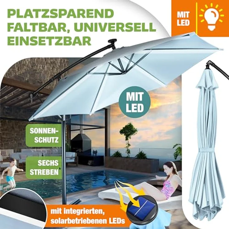 KESSER® Alu Ampelschirm LED Solar + Abdeckung mit Kurbelvorrichtung UV-Schutz Aluminium mit An-/Ausschalter Wasserabweisend - Sonnenschirm Schirm Gartenschirm 350cm, Hellblau – Bild 5