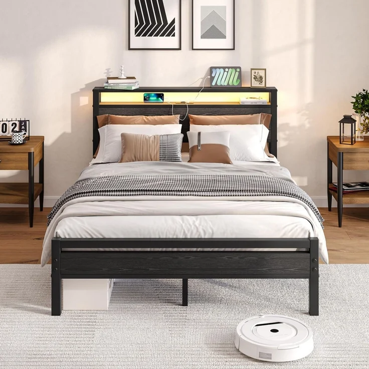Homerecommend Metallbett 140x200 cm, Doppelbett und Jugendbett, mit LED-Beleuchtung, Steckdose und 2 USB-Anschlüssen, Vintage Schwarz – Bild 1