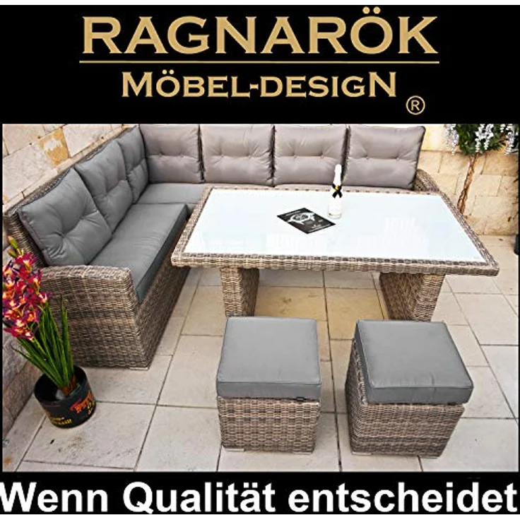 Ragnarök Möbel-Design Gartenlounge-Set Dining Lounge Wieland L, (Set, Ecksofa + Tisch + Hocker, Polyrattan, inkl. aller Polster), Rostfrei, mit Staufächern, 10 Jahre Garantie, wird montiert geliefert – Bild 5