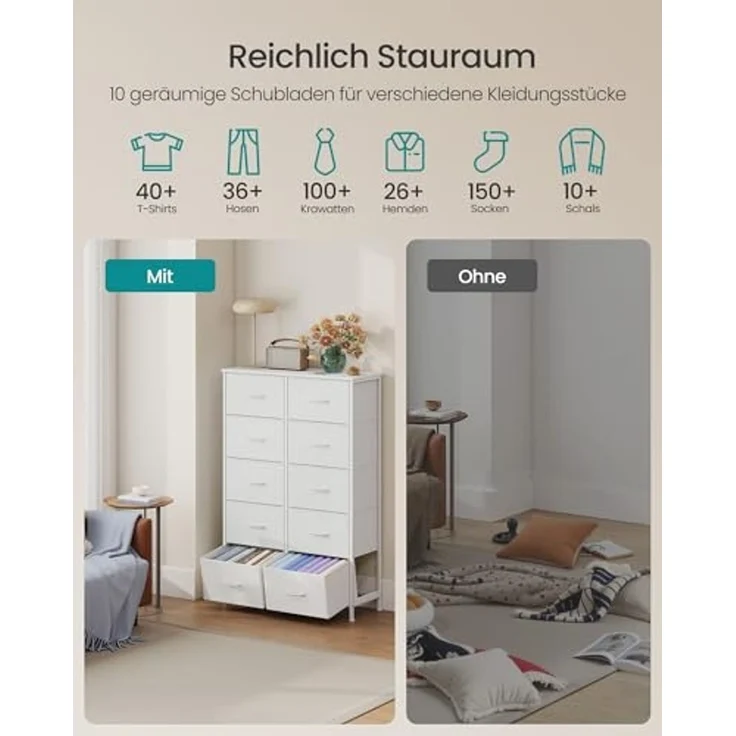 SONGMICS BELLAH Kollektion - Kommode, Schrank, Aufbewahrungsschrank, für Schlafzimmer, Flur, Wohnzimmer, Stahl, 10 Schubladen, modern, wolkenweiß-schneeweiß LGS125WH01 – Bild 4