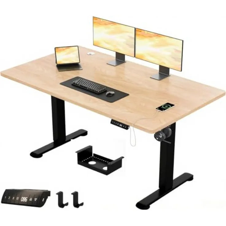 JUMMCIO Höhenverstellbarer Schreibtisch 160x80 cm, Stabiler Elektrischer Schreibtisch mit Vierteilige Tischplatte, Computertisch mit Memory Funktion,Standing Desk für Büro, Beige&Schwarz