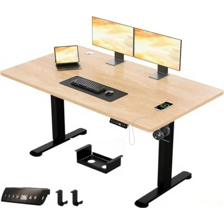 JUMMCIO Höhenverstellbarer Schreibtisch 160x80 cm, Stabiler Elektrischer Schreibtisch mit Vierteilige Tischplatte, Computertisch mit Memory Funktion,Standing Desk für Büro, Beige&Schwarz – Bild 1