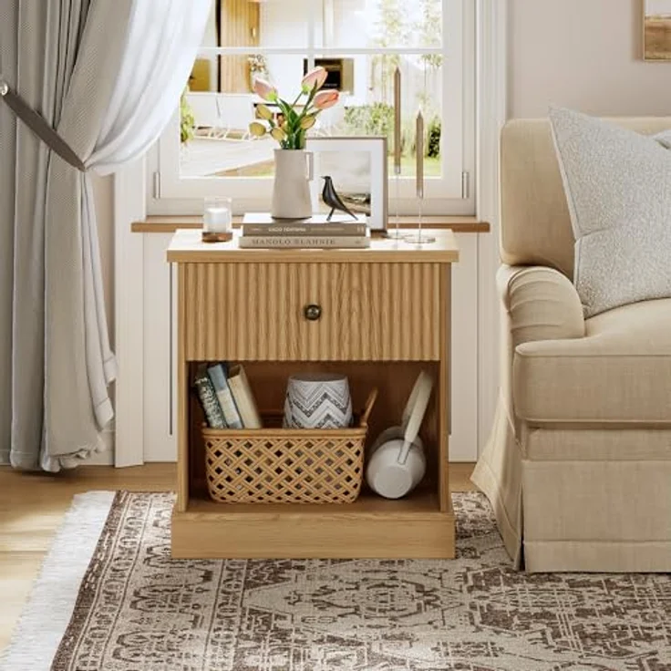 GarveeHome Nachttisch Mit Geriffelten Schubladen Und Offene Lagerung, Kommode Mit Metallgriffen, Nachttisch Mit 45 kg Tragkraft, Für Schlafzimmer Und Wohnzimmer, 57,7 x 39,6 x 61 cm – Bild 5