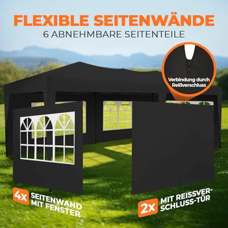 Kronenburg Faltpavillon wasserdicht Pavillon mit 6 Seitenteilen, Gartenzelt, 3x6 m - mit UV Schutz 50+, Schwarz – Bild 7
