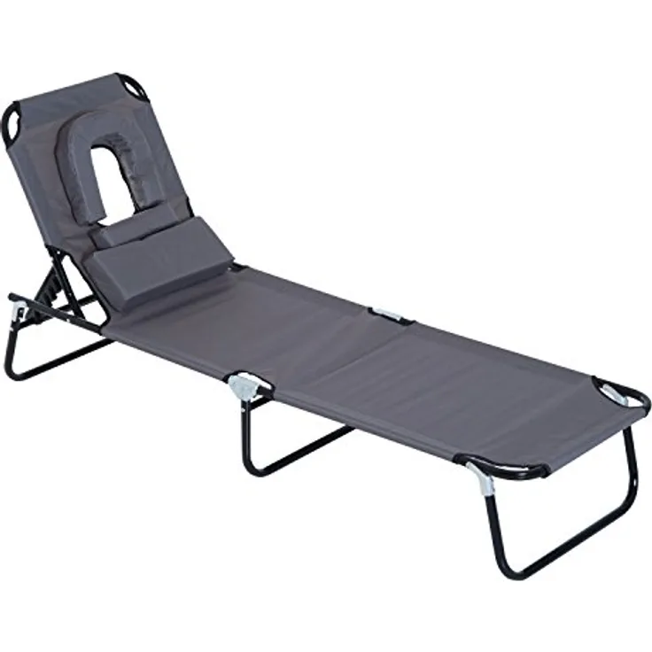 Outsunny Klappbare Sonnenliege mit Kopfkissen, 4-fach verstellbar, bis 120kg belastbar, grau