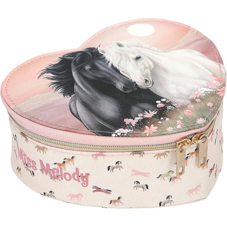 Depesche 13969 Miss Melody Blossom Pony - Mini Schmuckkästchen in Herzform, in Rosa, mit Pferde Motiv, Blumen und Pferde Muster, Schmuckbox mit Klappdeckel und Spiegel