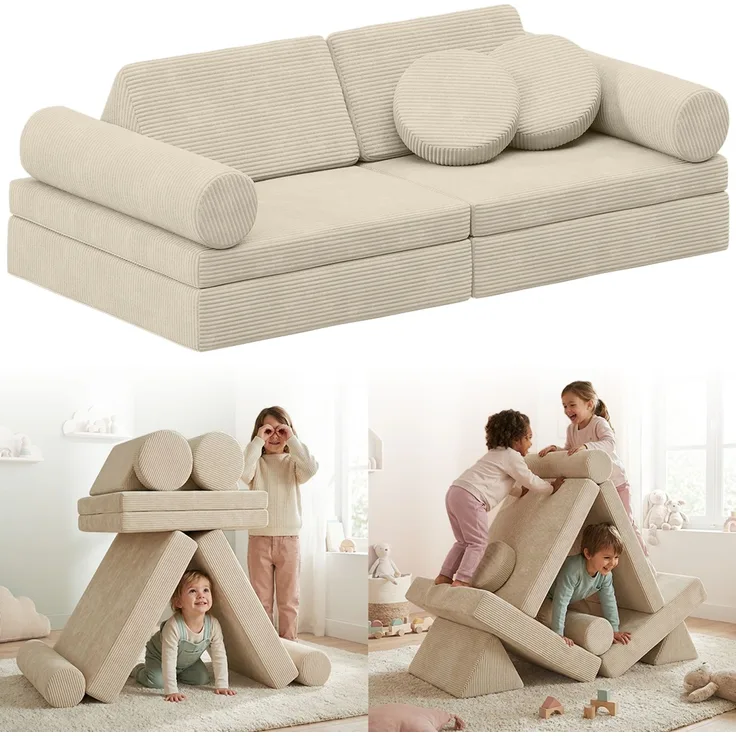 Bellabino 'Nile' Spielsofa mit Kissen und Armlehnen, 8-tlg, Cord, beige, faltbare Kindercouch, abnehmbarer & waschbarer Bezug, Kindersofa aus Schaumstoff