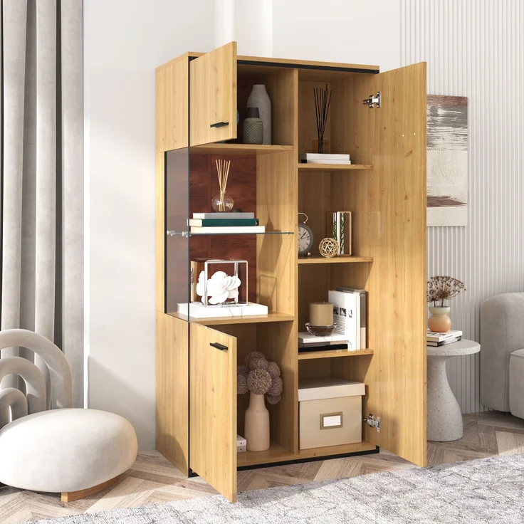 Vitrine aus MDF mit Glastür & LED-Beleuchtung, 77,5x40x150 cm, Natur – Bild 7