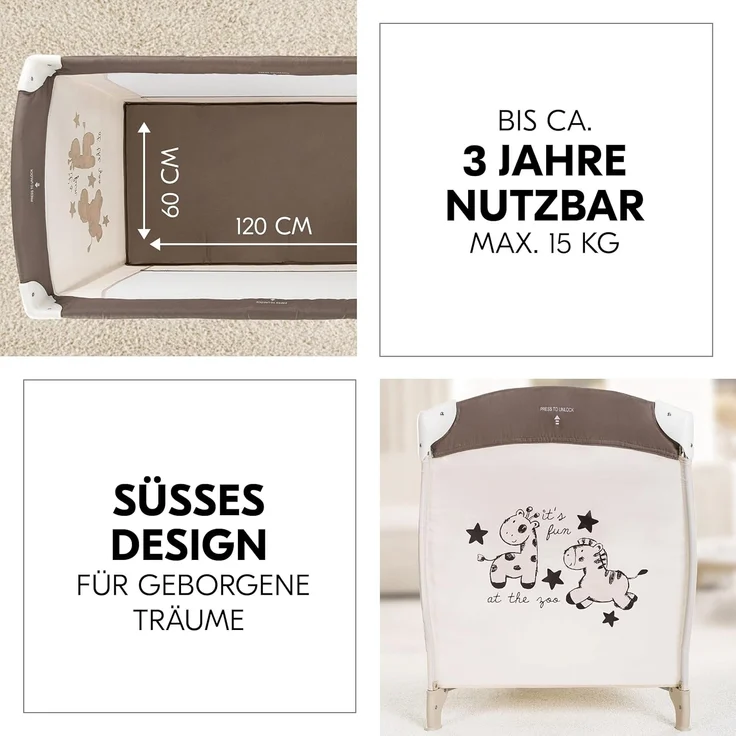 Hauck Baby-Reisebett Babycenter Zoo, 8-tlg, mit Neugeborenen-Einsatz, Wickelauflage, Spielbogen & Spieluhr, Rollen – Bild 8