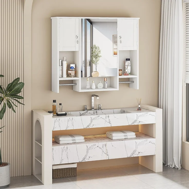 Badezimmerschrank mit Spiegel, Wandschrank mit Türen und offenen Fächern, wandmontierter Medizinschrank mit 2 Handtuchhaltern, Badschrank für Badezimmer, Waschküche und Küche, Weiß – Bild 6