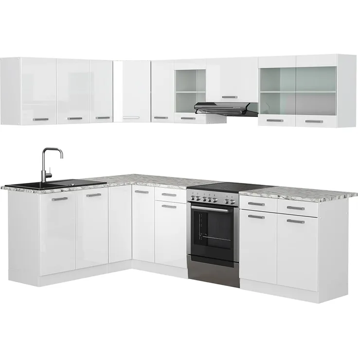 Eckküche R-Line Weiß Hochglanz/Weiß 267 x 167 cm, AP Marmor Vicco