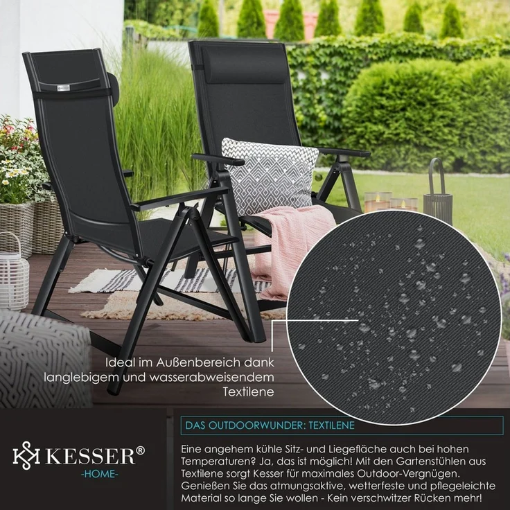 KESSER Gartenstuhl Hochlehner, klappbar mit 7-fach verstellbarer Rückenlehne & Armlehnen, Aluminium schwarz, inkl. Kopfkissen – Bild 2