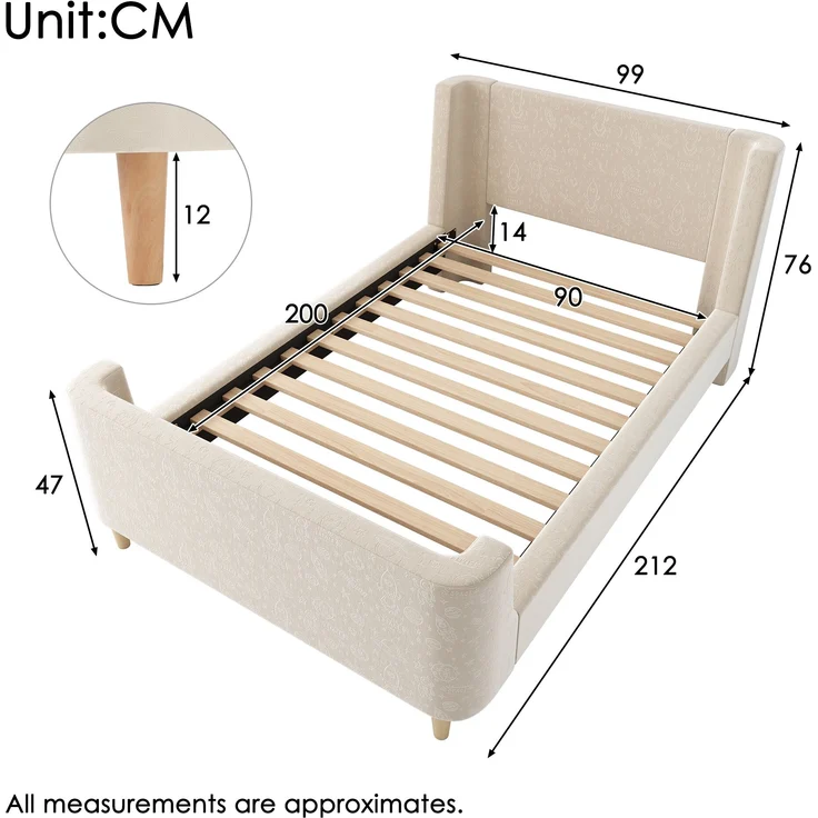 Kinderbett Schlittenbett, Samt mit Weltraum-Muster & Lattenrost, 99x212x76 cm, Beige, ohne Matratze – Bild 10