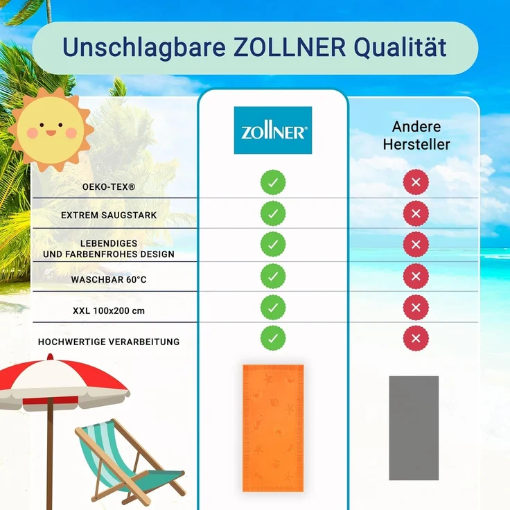ZOLLNER Strandtuch XXL aus Baumwolle, 100x200 cm, organge mit Meerestiermotiven – Bild 6