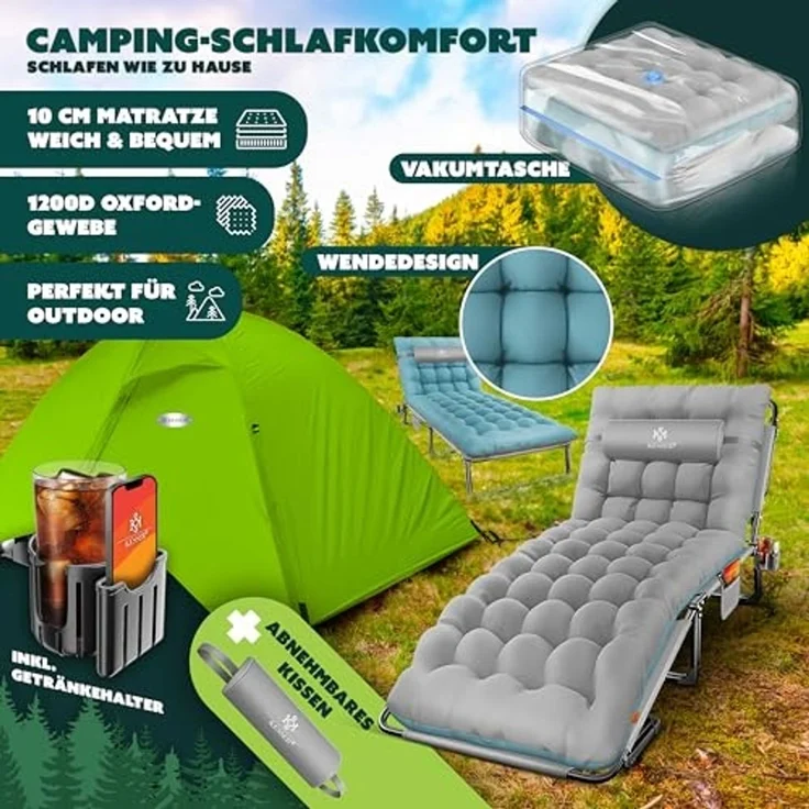 KESSER Campingbett klappbar mit Tragetasche, Nackenkissen, Vakuumtasche & Getränkehalter, Oxford-Gewebe grau / blau, 68 x 190 x 30 cm – Bild 2
