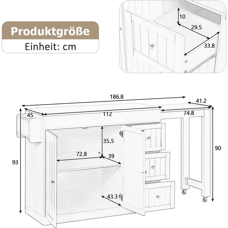 Merax Kücheninsel auf Rollen, Ausziehbarer Essbereich Kücheninsel mit Gewürzregal und Schubladen, Mobile Kücheninsel freistehend, Ideal für Küche und Esszimmer (Grau) – Bild 4