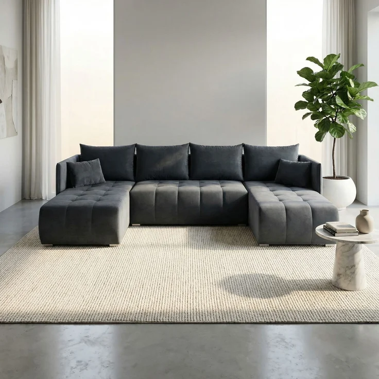 Wohnero24 NESSA U Ecksofa 292x152 cm mit Schlaffunktion 280x140 & Bettkasten – XXL Wohnlandschaft Dunkelgrau – Bild 2