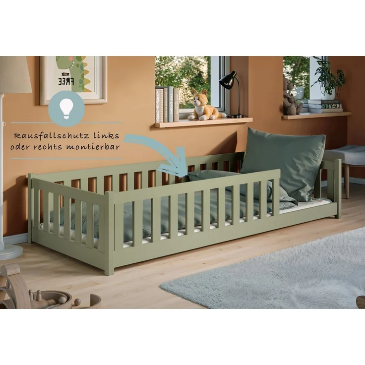 Kids Collective Kinderbett Bodenbett Bett mit Rausfallschutz & Lattenrost Montessori Bett Kinder (Jungen, Mädchen, Kinder, weitere Größen 80x160, 80x180, 90x190, 120x200, 140x200 cm), Jugendbett Einzelbett optional mit Matratze Olivgrün Kiefer 90x200 cm – Bild 4