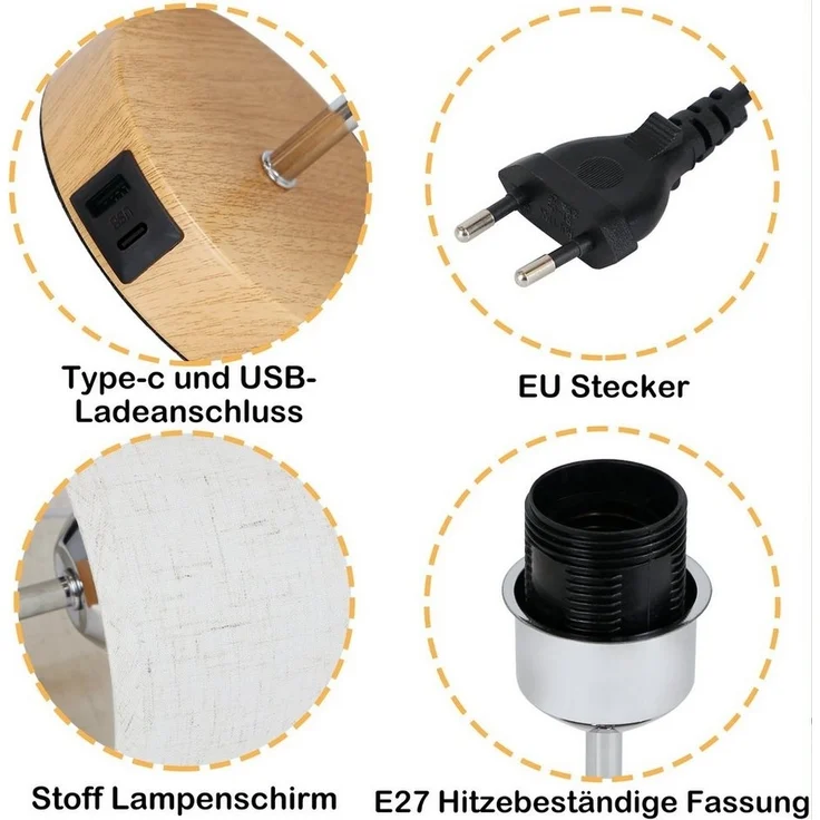 Nettlife Tischleuchte Type-c und USB Tischlampe mit Stoff Lampenschirm, mit USB Ladefunktion, LED fest integriert, Warmweiß, Schlafzimmer Wohnzimmer Nachttisch Geschenk – Bild 3