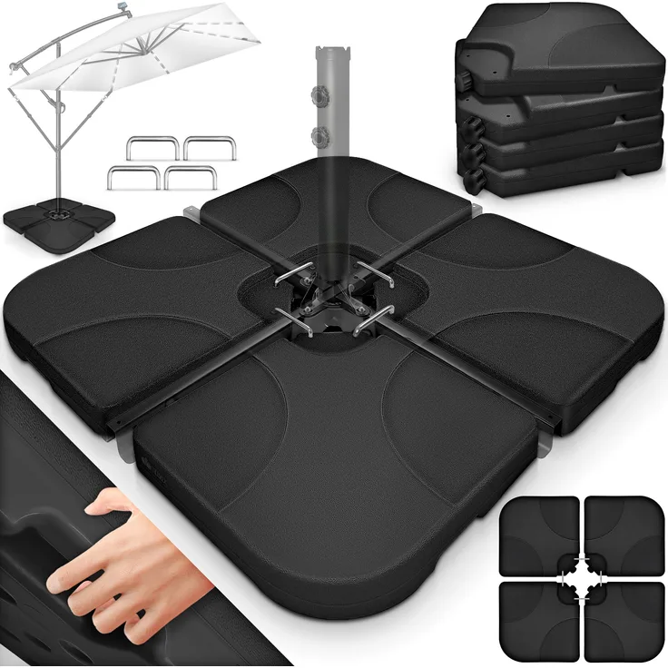 tillvex® Sonnenschirmständer Anthrazit 60 Liter / 80 kg – 4-teilig für Ampelschirm inkl. Metallverbinder | Schirmgewicht befüllbar mit Wasser oder Sand | Schirmständer Ampelschirmständer wetterfest