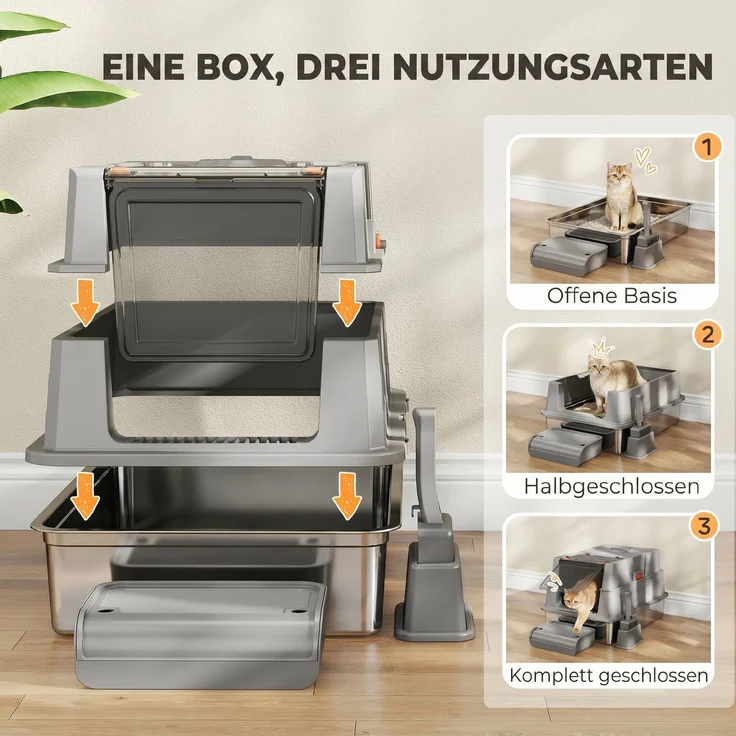 PawHut Katzenklo, Edelstahl, ABS, Grau, 70L x 50B x 43H cm – Bild 5