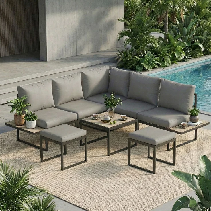Modulares Gartenmöbel-Set für 6 Personen mit Couchtisch und seitlichen Ablageflächen aus PSPC-Holz, 10 cm dicke graue Kissen – Bild 4