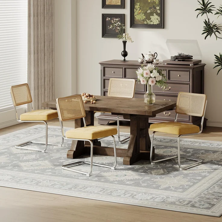 COLAMY Rattan Esstischstühle 4er Set, Samtbezug mit Metallgestell, Gelb – Bild 1