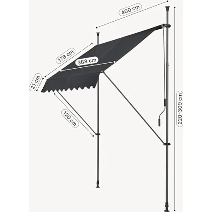 Klemmmarkise Stem 400x120x220-309 cm Schwarz [pro. tec] – Bild 3
