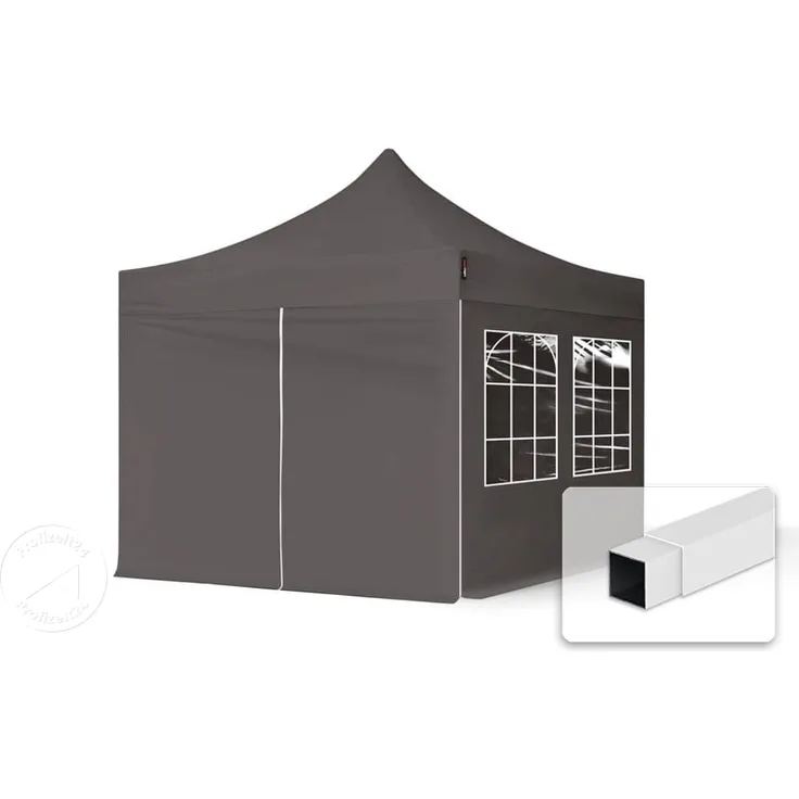 3x3 m Faltpavillon, ECONOMY Stahl 30mm, Seitenteile mit Sprossenfenstern, dunkelgrau