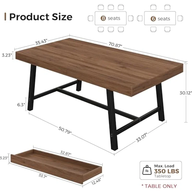 Jocoevol Esstisch, Langer Holz-Esstisch für 6–8 Personen mit 2 Schubladen, Stabiler Metallrahmen, Landhaus Küchentisch, 180 cm Langer Rechteckiger Esszimmertisch, Braun – Bild 2