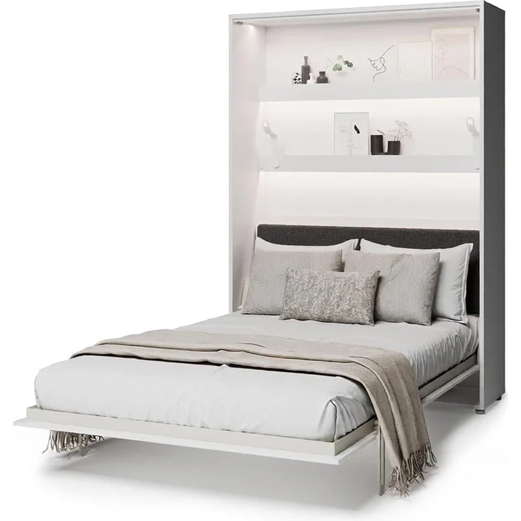 MEBLINI Elektrisches Schrankbett BC-36 - 140x200cm Vertikal - Weiß Matt - Kopfteil Dunkelgrau - Wandbett mit Lattenrost, Matratze und Kopfteil - Wandklappbett – Bild 1
