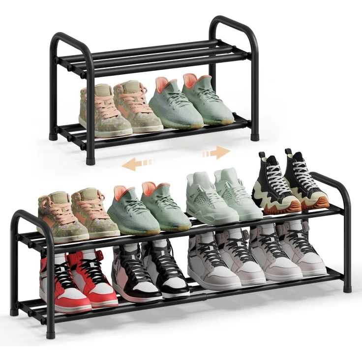 SONGMICS Schuhregal ausziehbar, Schuhablage, Schuh-Organizer mit verstellbaren Ablagen, Schuhaufbewahrung aus Metall, für Flur, Ankleidezimmer, Wohnzimmer, 2 Ebenen, tintenschwarz LMR026BD01