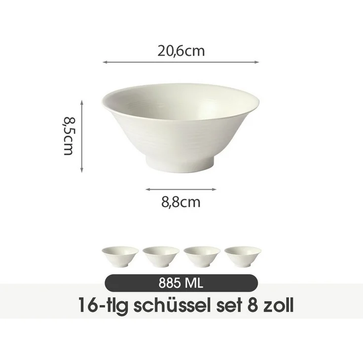 JIWOO Schüssel 4er Ø20cm, Japanische Ramenschüssel Suppenschüssel bowl Pastaschüssel, Keramik, (Set, 16-tlg), Bowl Hochwertiges Schüsseln Weiß Schüssel Mikrowellenofen Spülmaschine – Bild 2