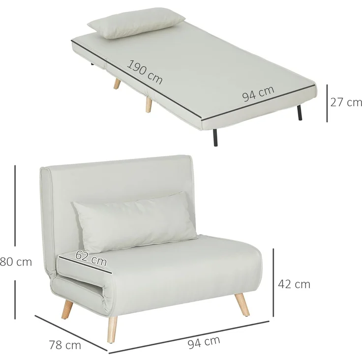 HOMCOM Relaxsessel mit Bettfunktion, verstellbare Rückenlehne, Leinenimitat, Tannenholz, Cremeweiß, 94 x 78 x 80 cm – Bild 3